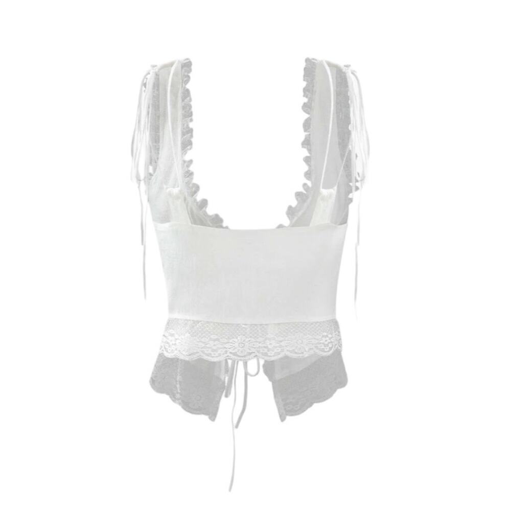 Micas Women's Small White Lace Floral Trim Tie Front Summer Lightweight Tank Top - Picture 7 of 11